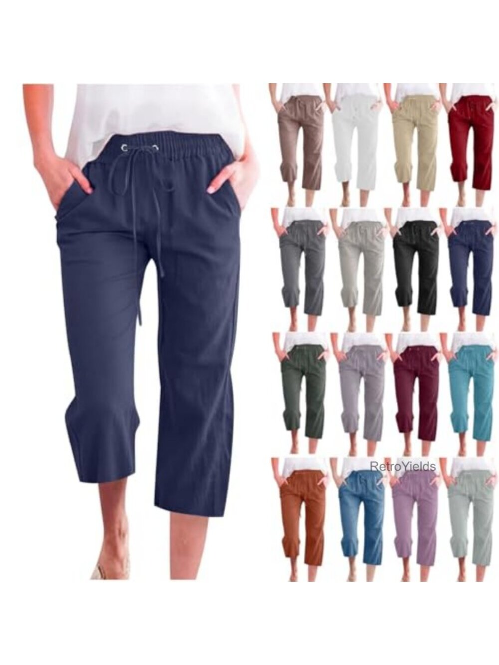 Cotton Linen Capri Pants High Waist Straight Leg Beach Vacation Crop